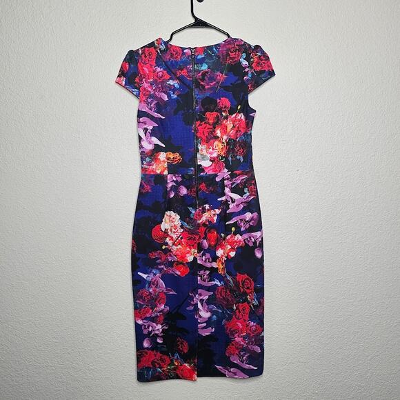 Betsey Johnson Floral print cap sleeve sheath dress Women's size 4 blue pink - Picture 7 of 7